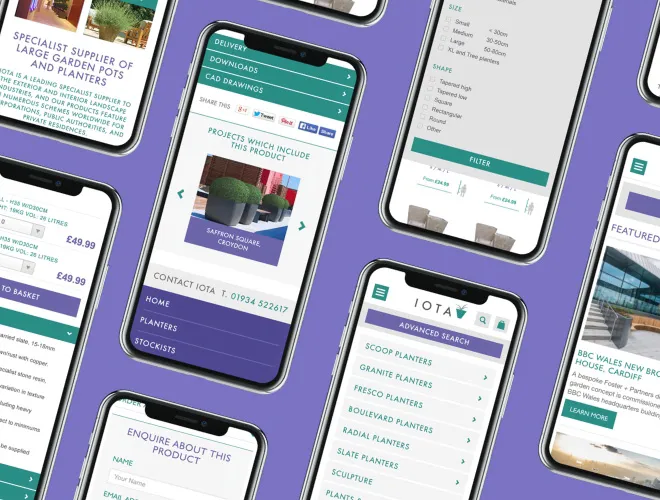 Group of mobile e-commerce website screens showcasing planters, garden projects and contact pages on mobile devices